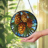 Pine Cone Stained Glass Suncatcher, Round Woodland Forest Window Panel, Rustic Cabin Nature Glass Art Lodge Style Home Decor Gift